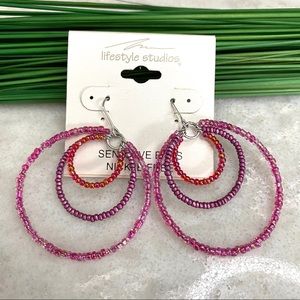 Boho beaded earrings, pink and purple circular